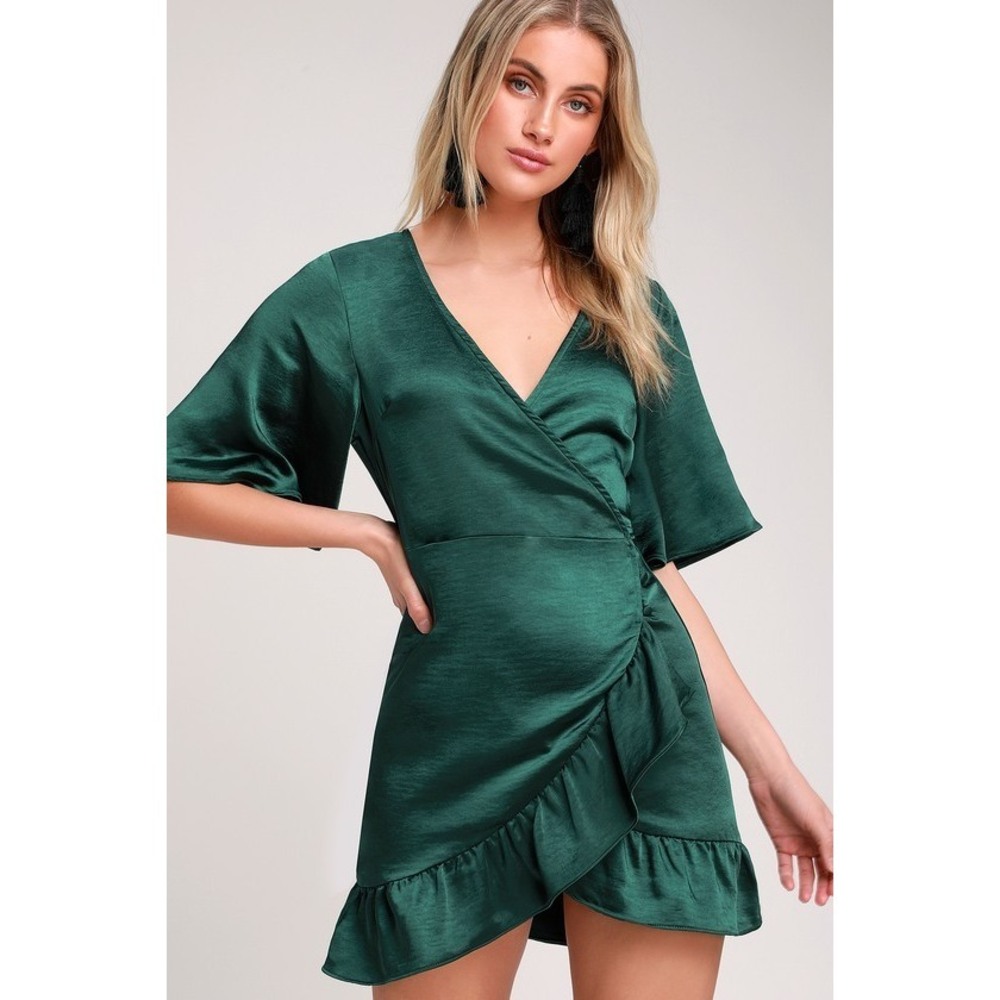 Lulus Ready For Romance Dark Green Satin Mini Wrap Dress - Size M